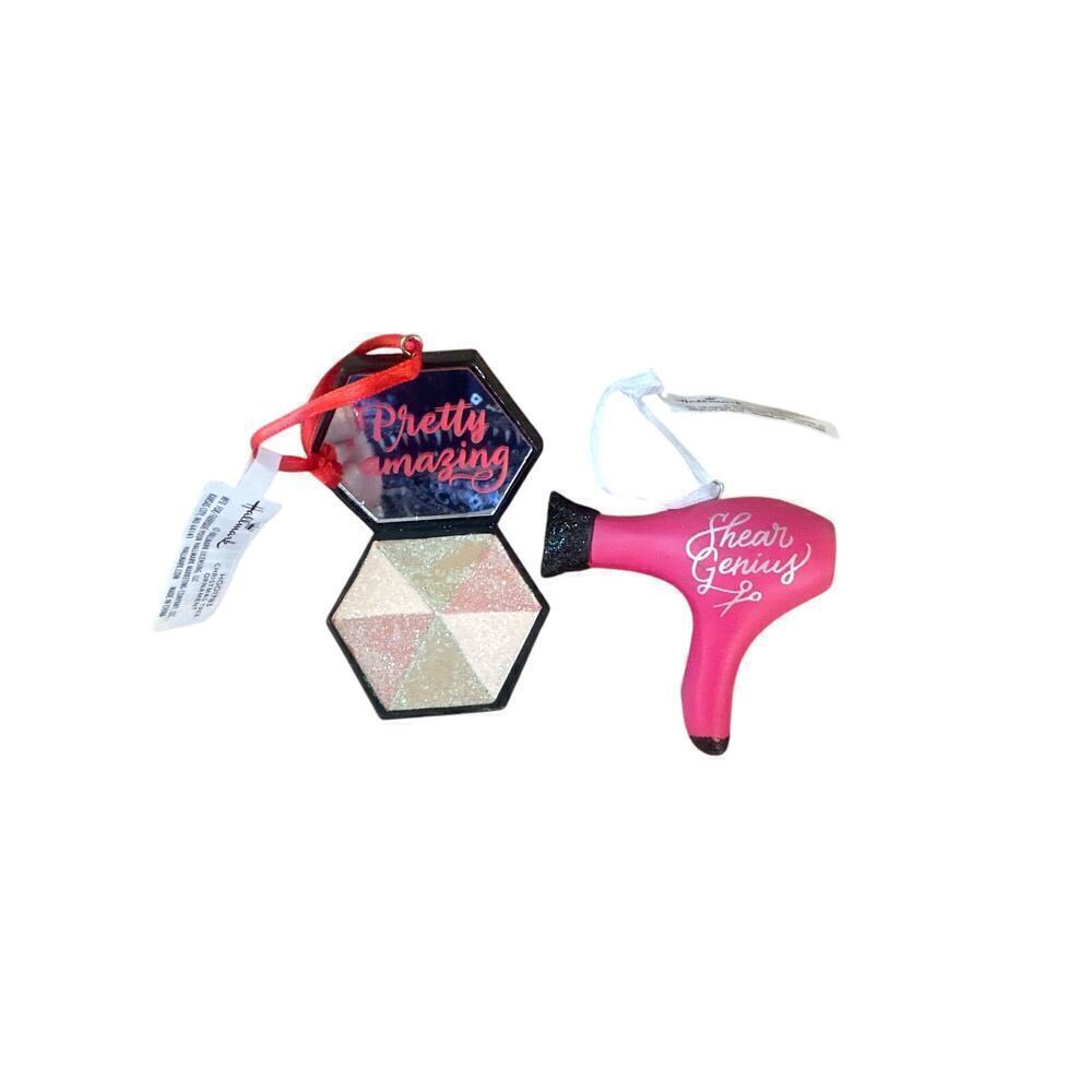 Set of 2  Hallmark Christmas ornaments. Make Up Palette/Shear Genius hair dryer